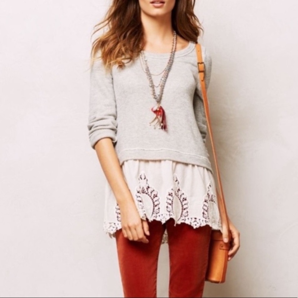 Anthropologie Postmark Eyelet Lace Hem Pullover Sweatshirt XS